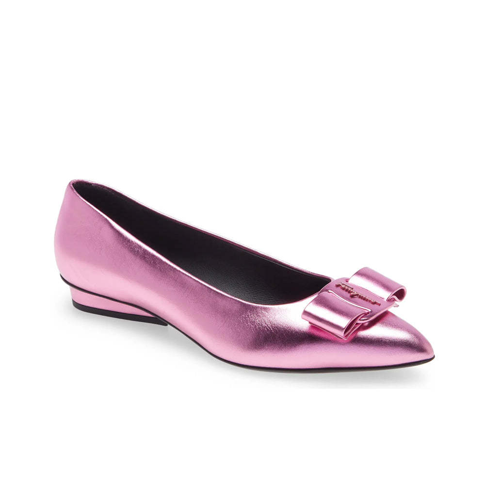 Salvatore Ferragamo Women's Viva Bow Metallic Pointed Toe Leather Flat